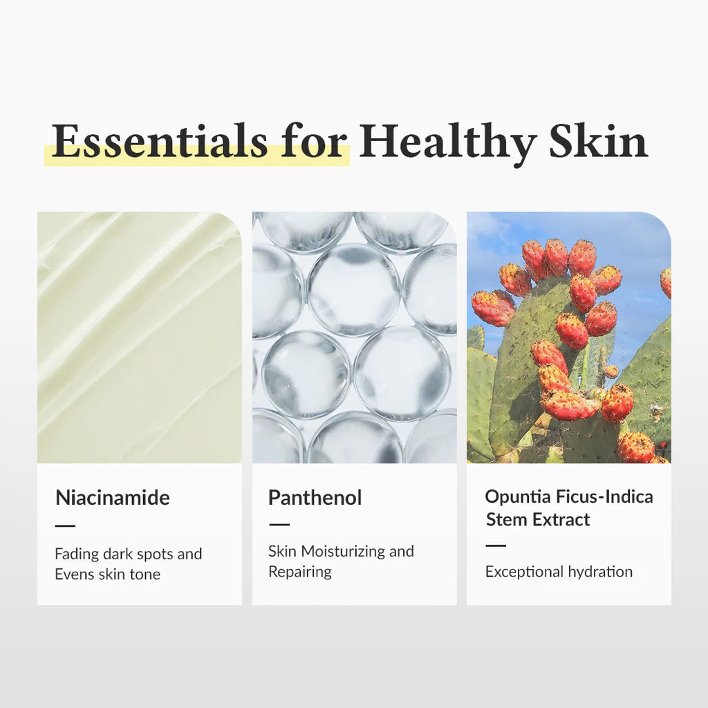 Product display with images of niacinamide, panthenol, and opuntia ficus-indica stem extract labeled as 'Essentials for Healthy Skin'.