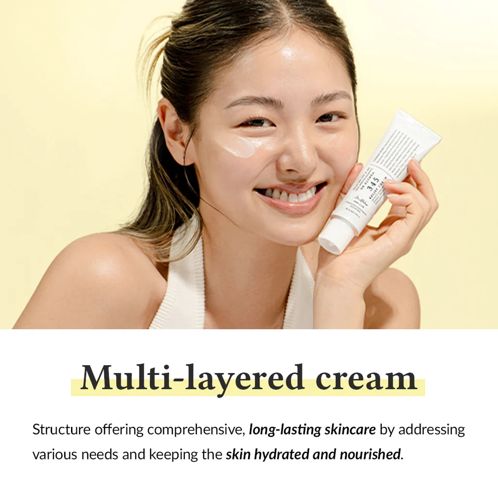 Woman holding a tube of cream with text about multi-layered cream on a light yellow background