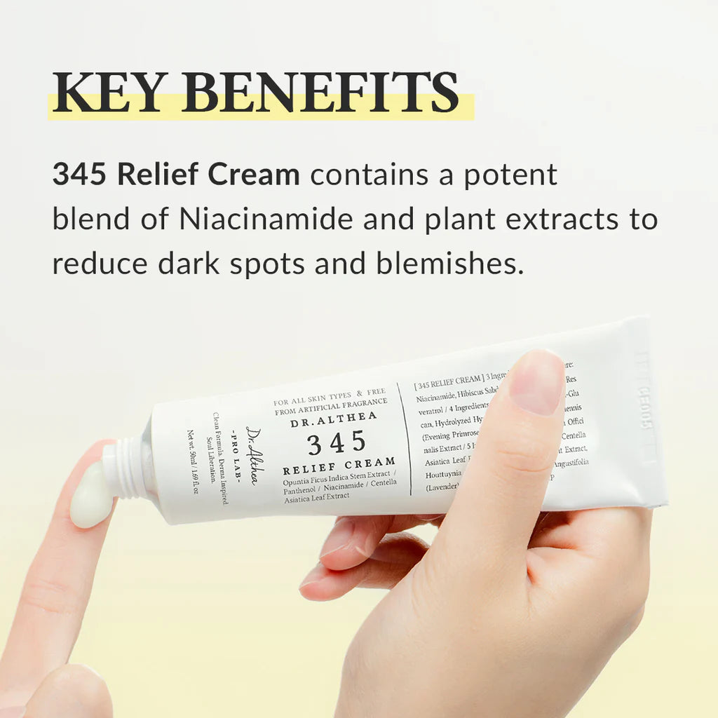 Hand holding a tube of Dr. Altura 345 Relief Cream with text about its key benefits.