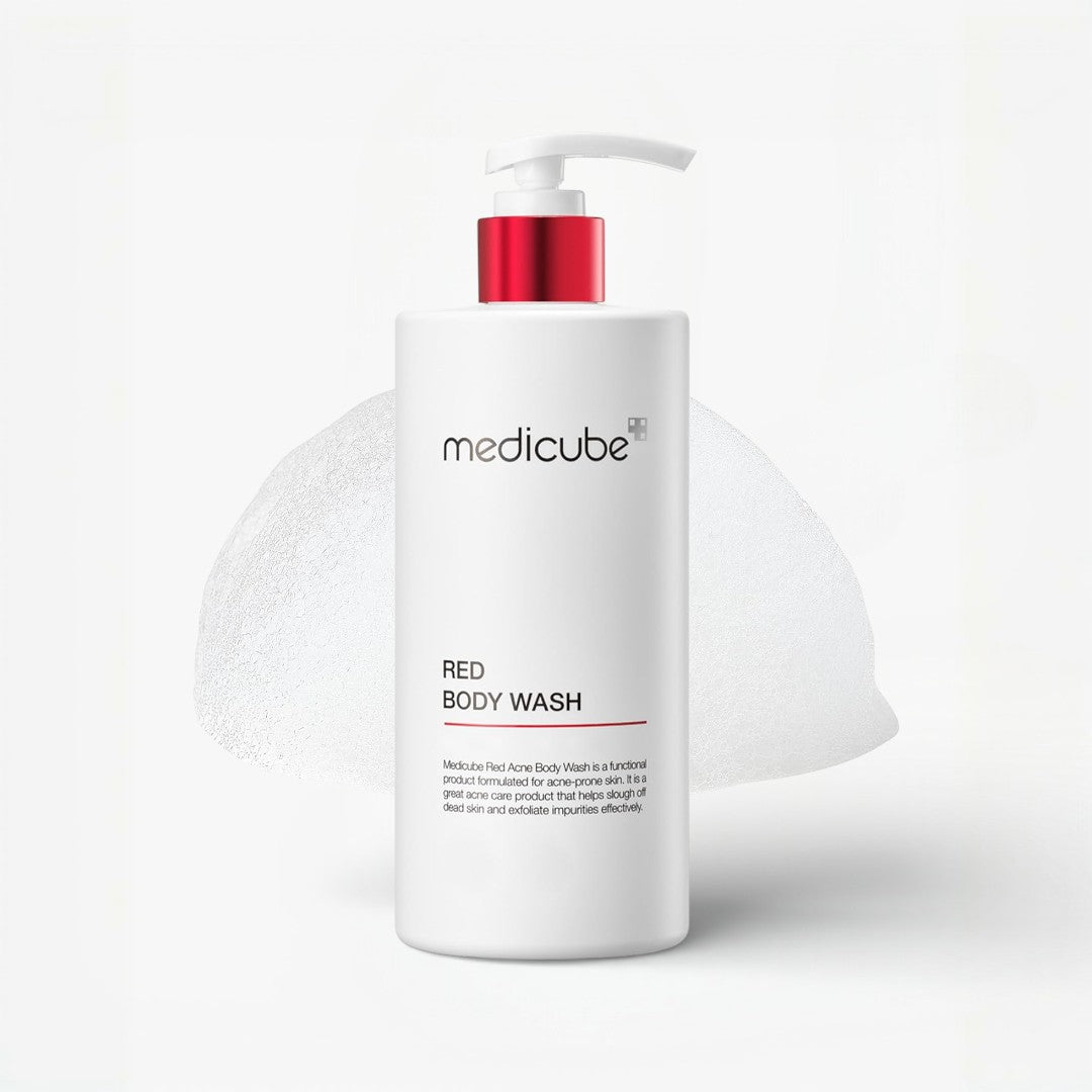 Medicube Red Body Wash bottle with red pump on a white background