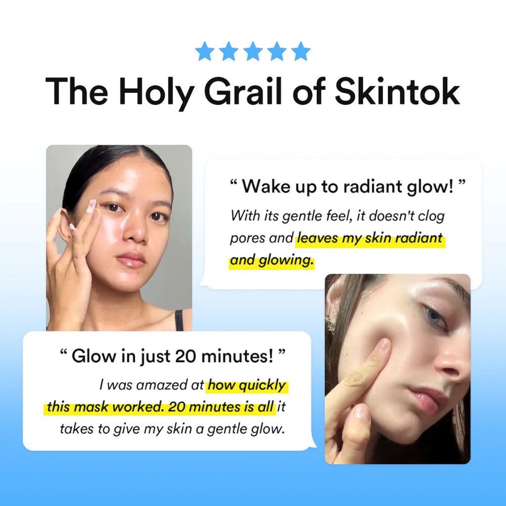 The Holy Grail of Skintok with quotes about radiant skin and quick results from a hydrating mask.