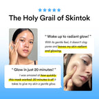 The Holy Grail of Skintok with quotes about radiant skin and quick results from a hydrating mask.