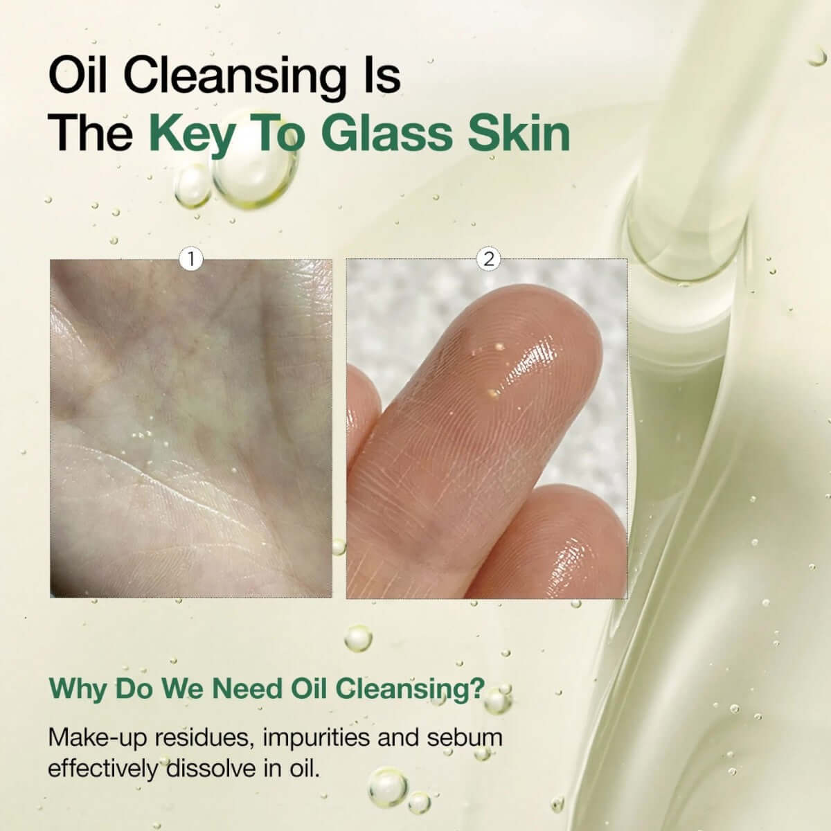 Image showing the oil cleansing process for achieving glass skin, highlighting makeup removal and skin cleansing benefits.