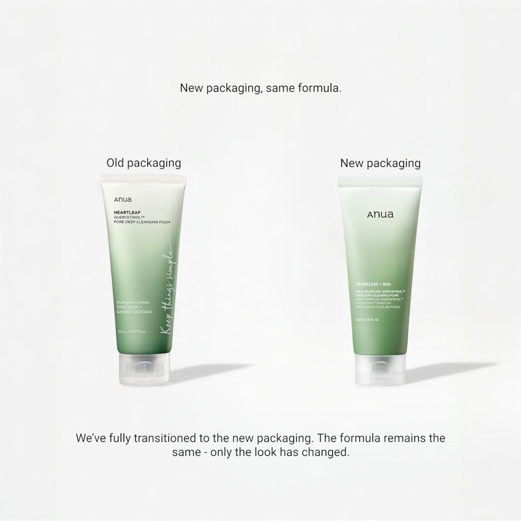 Two green Anua Heartleaf Quercetinol Pore products with text about new packaging and unchanged formula on a white background