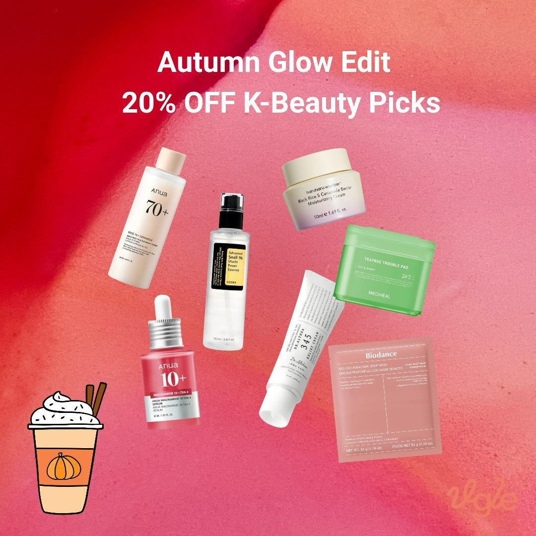 Promotional graphic for K-Beauty products with a 'Autumn Glow Edit' and '20% OFF' offer on a red and pink gradient background.
