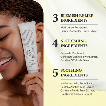 Woman applying skincare product with list of ingredients on a beige background