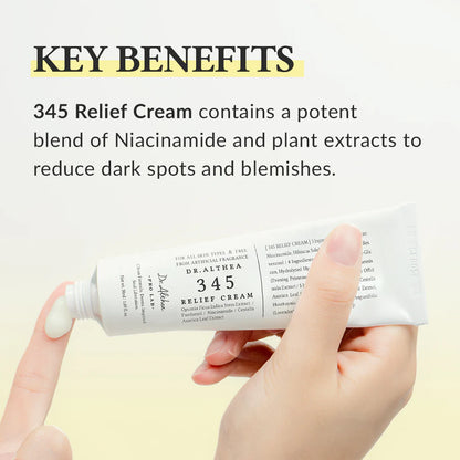 Hand holding a tube of Dr. Altura 345 Relief Cream with text about its key benefits.