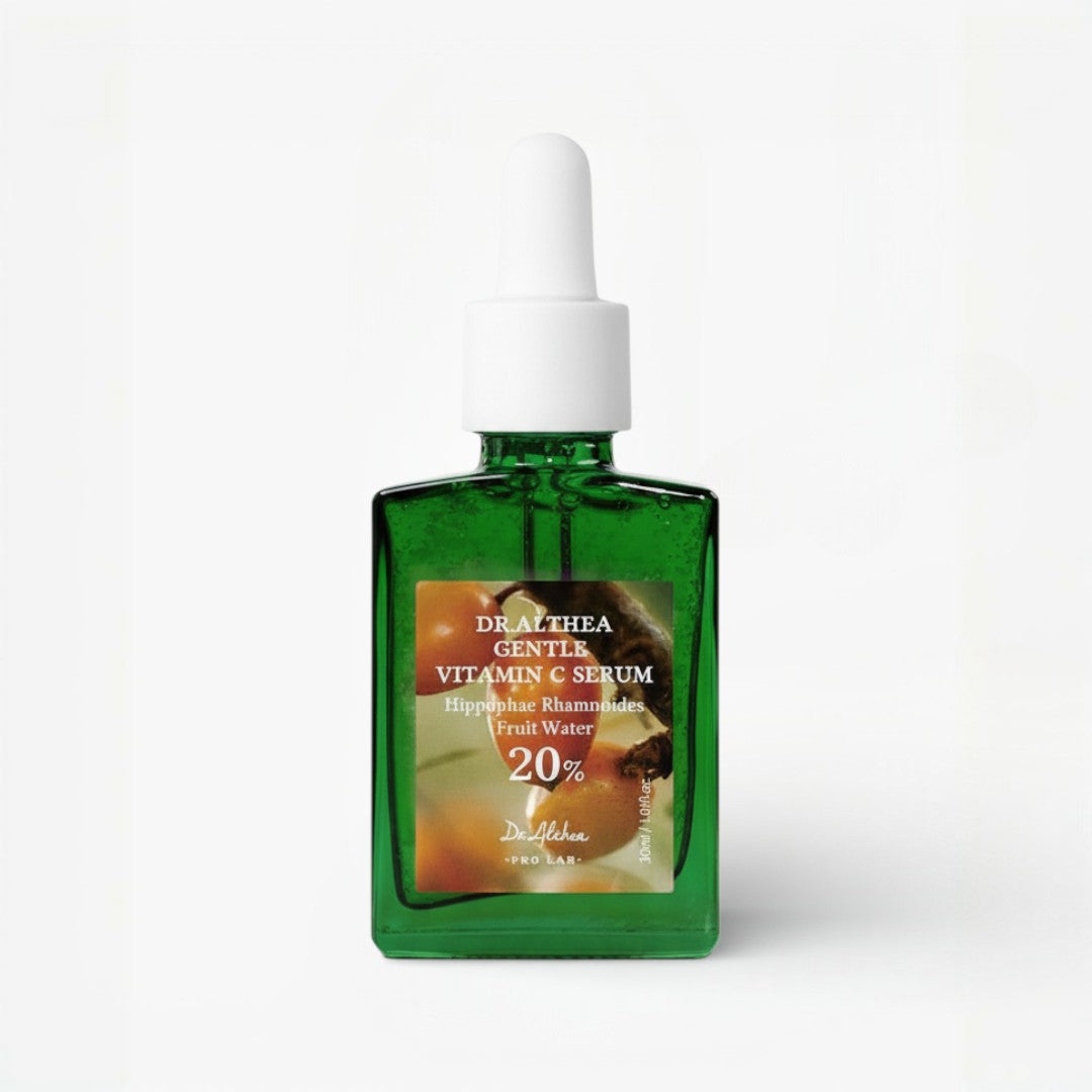 Green bottle of Dr. Althea Gentle Vitamin C Serum on a white background