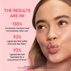 Woman with glossy lips on a pink background with skincare product text