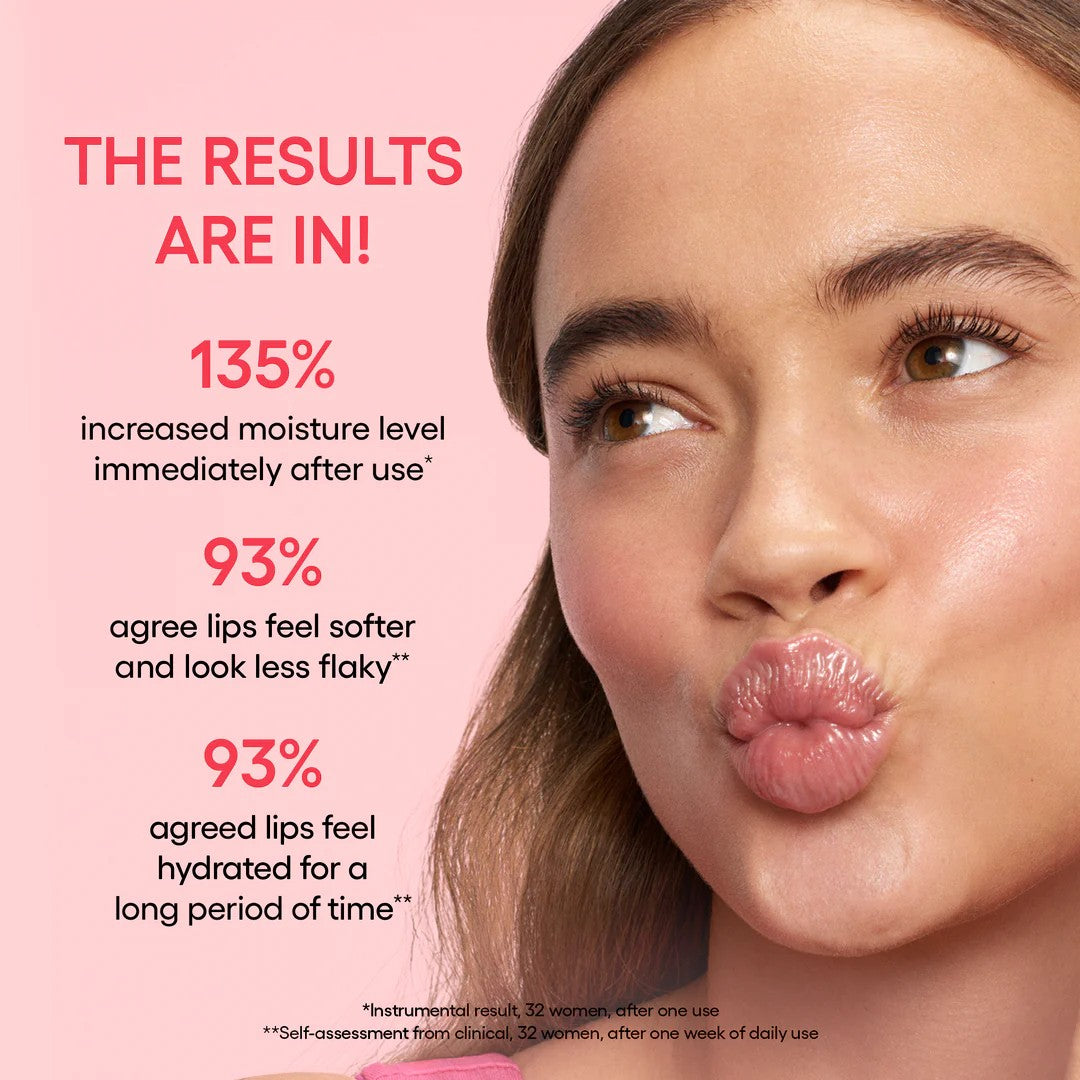 Woman with glossy lips on a pink background with skincare product text