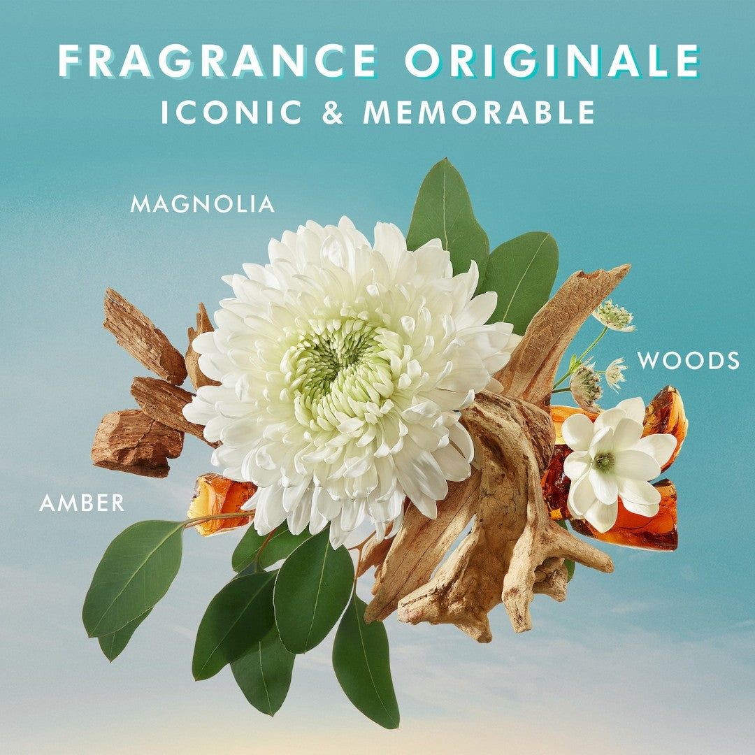 Floral arrangement with white flowers and amber elements on a gradient background, featuring the text 'Fragrance Originale'.