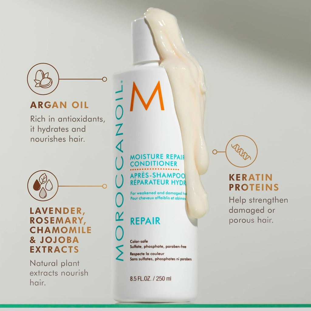 Moroccanoil Moisture Repair Conditioner bottle with ingredients listed on a light gray background