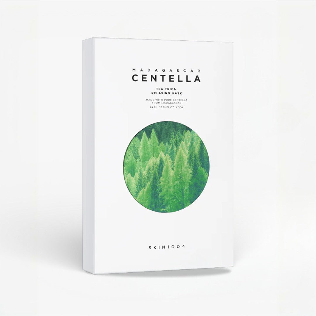SKIN1004 Madagascar Centella Tea-Trica Relaxing Mask (4 Pack) packaging featuring green forest design.