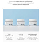 Three jars of Dokdo Cream on a light blue background with text about skin hydration and barrier reinforcement.
