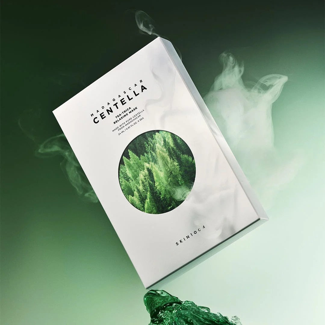 SKIN1004 Madagascar Centella Tea-Trica Relaxing Mask (4 Pack) displayed against a green background.