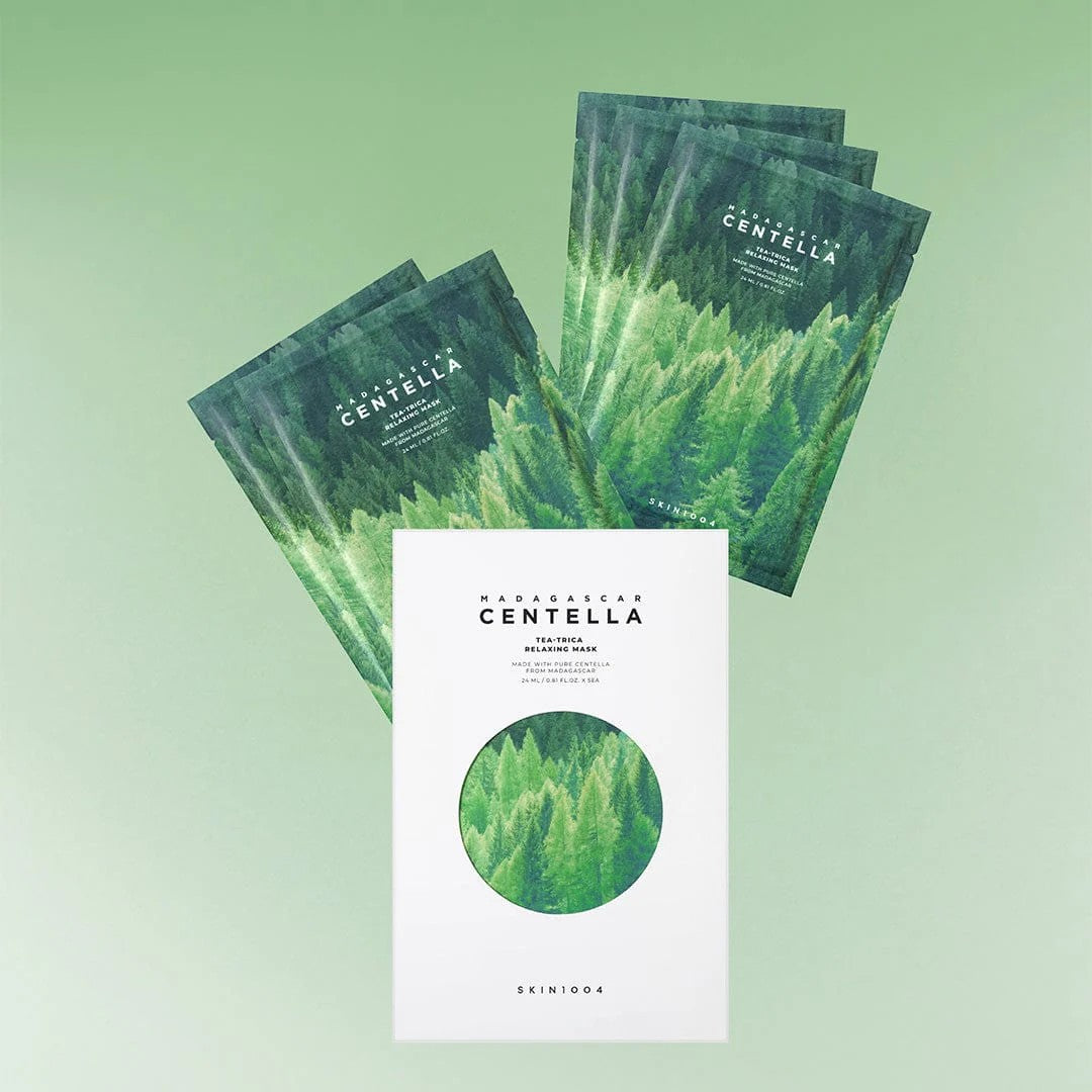 SKIN1004 Madagascar Centella Tea-Trica Relaxing Mask (4 Pack) sheet masks displayed on a green background.