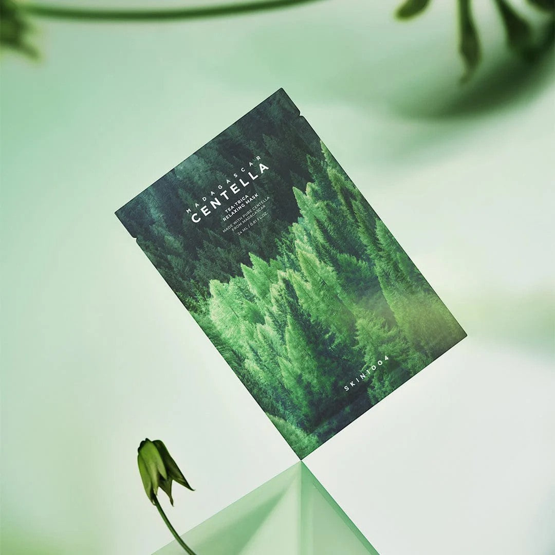 SKIN1004 Madagascar Centella Tea-Trica Relaxing Mask (4 Pack) packaging with green botanical design.