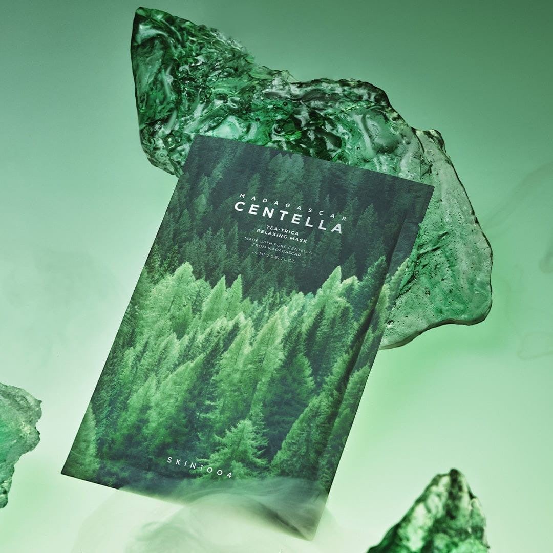 SKIN1004 Madagascar Centella Tea-Trica Relaxing Mask (4 Pack) displayed among green forest-like elements.
