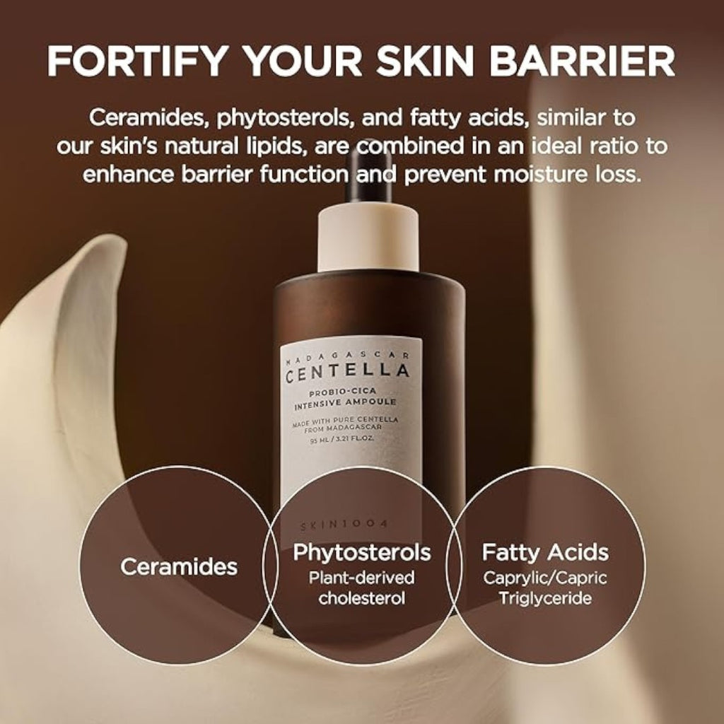 Skincare product with text about fortifying skin barrier using ceramides, phytosterols, and fatty acids.