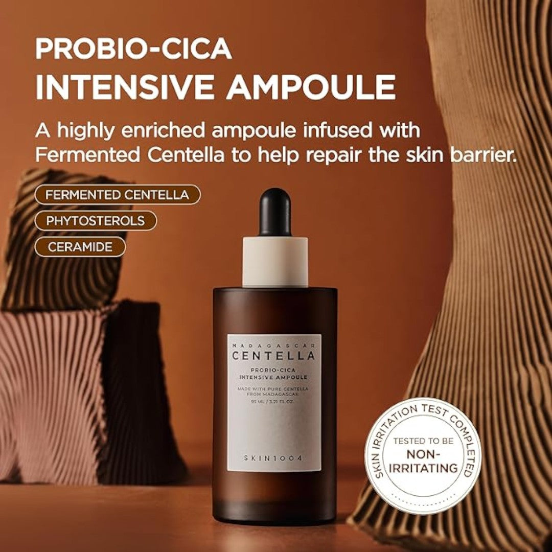Kadampa Centella Probio-Cica Intensive Ampoule with text on a brown background