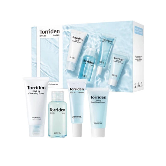Torriden Dive in Trial Kit Hyaluronic Acid Infused Daily Skincare Kit - 4 Step Regimen with Foam Cleanser, Facial Toner, Serum, and Cream | Korean Skin Care Set