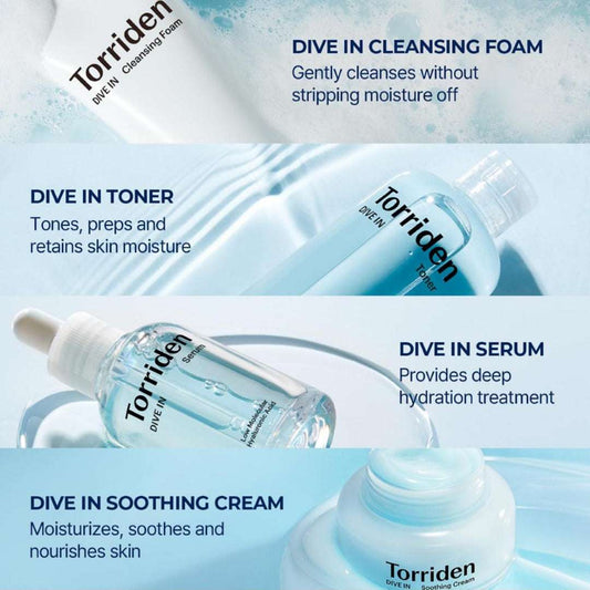 Torriden Dive in Trial Kit Hyaluronic Acid Infused Daily Skincare Kit - 4 Step Regimen with Foam Cleanser, Facial Toner, Serum, and Cream | Korean Skin Care Set