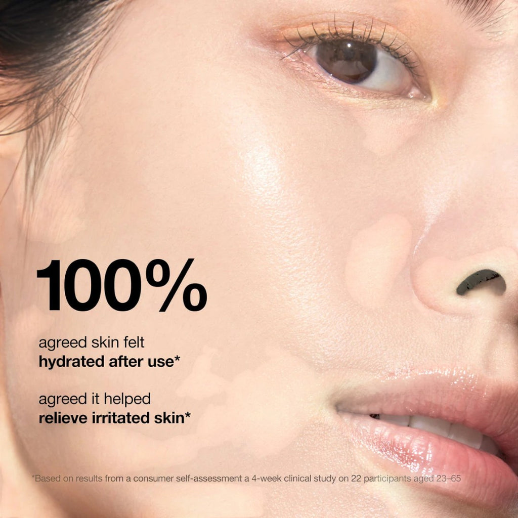 Close-up of a person's face with text about skin hydration and relief from irritation.