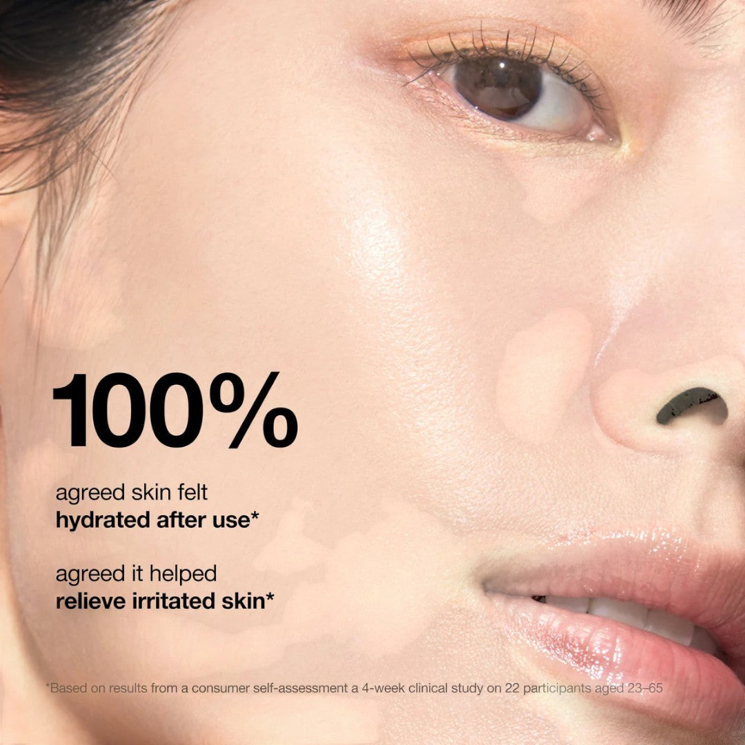Close-up of a person's face with text about skin hydration and relief from irritation.