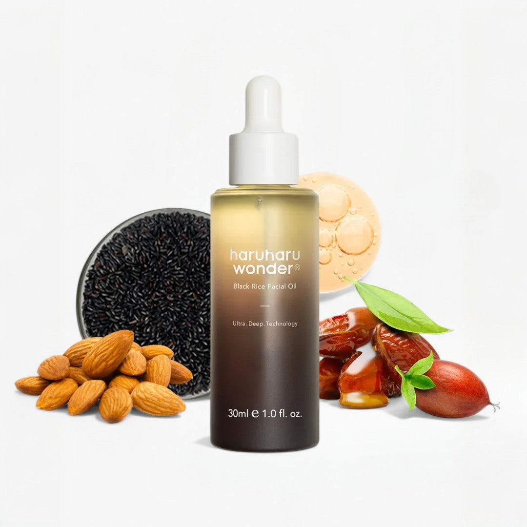 Haruharu Wonder facial oil bottle with natural ingredients on a white background