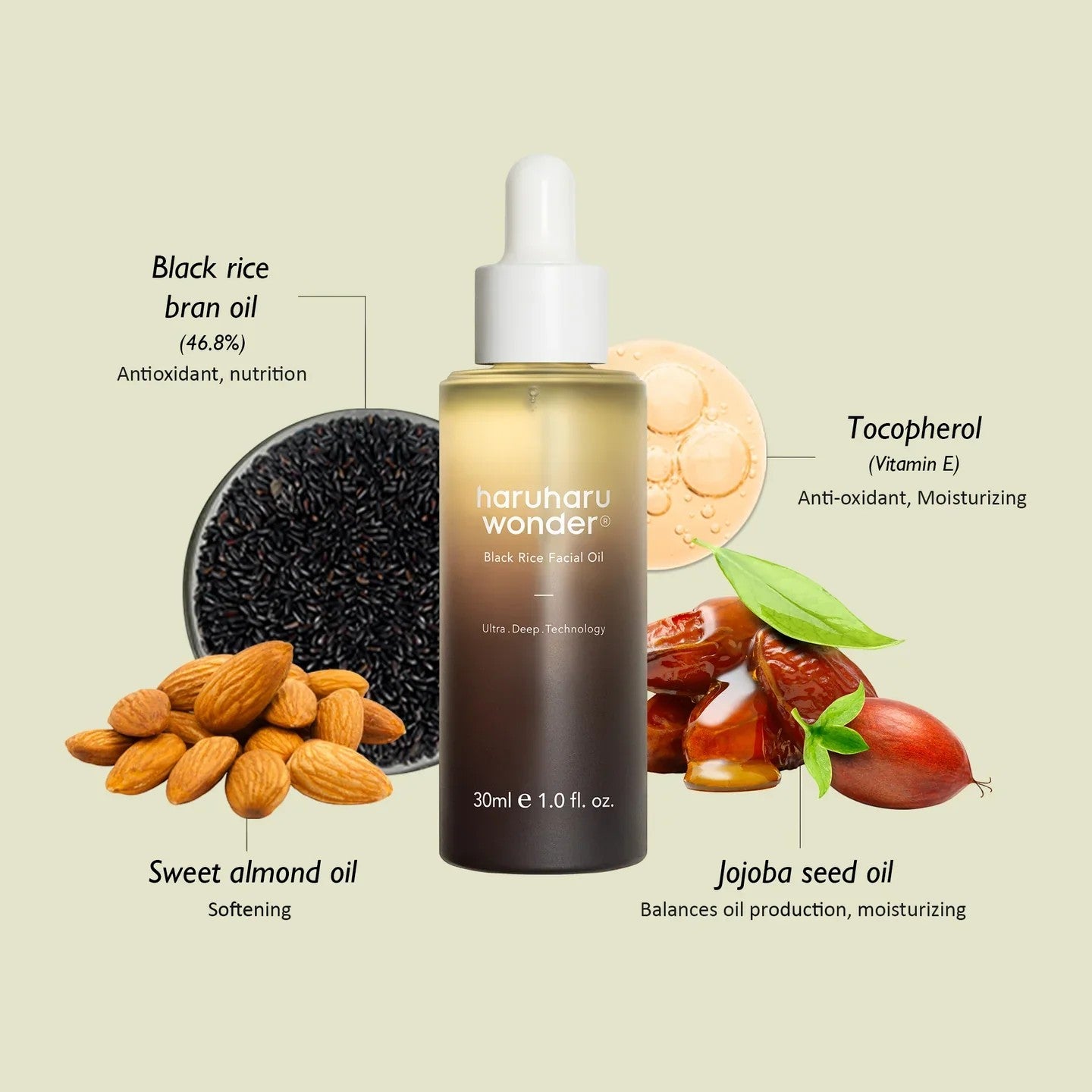 Haruharu Wonder black rice facial oil with ingredients on a beige background