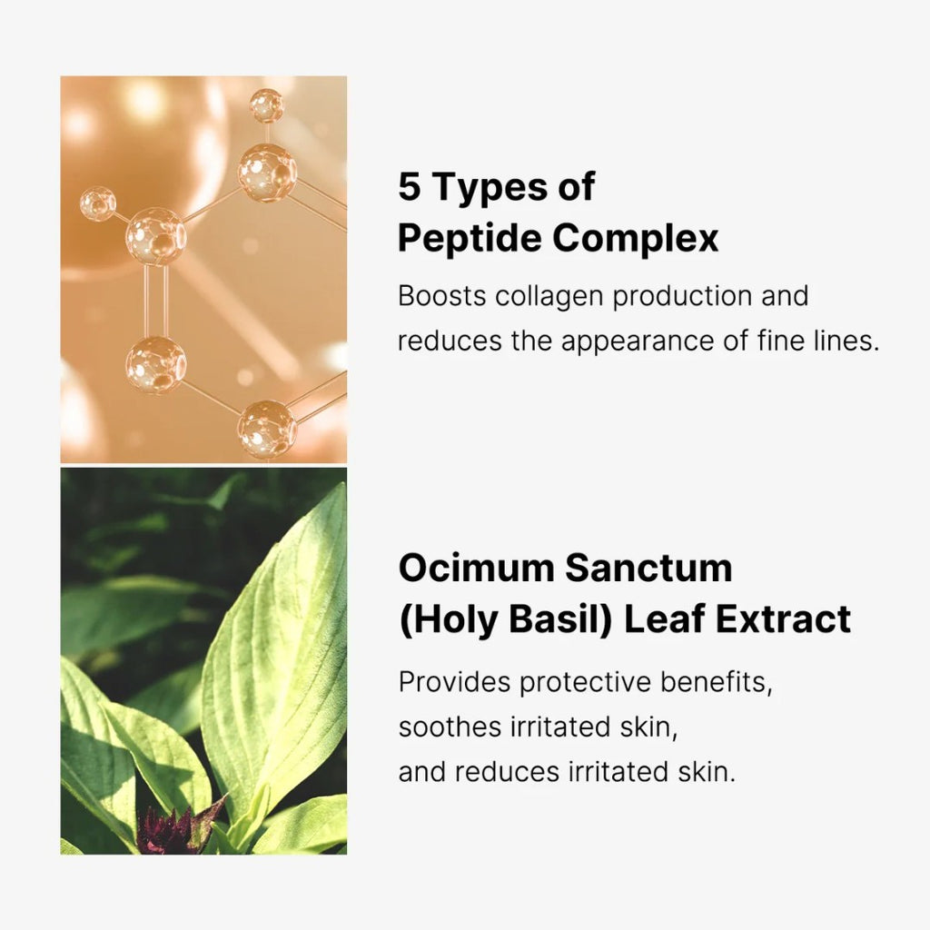 Advertisement for peptide complex with molecular structure and holy basil leaf extract images.