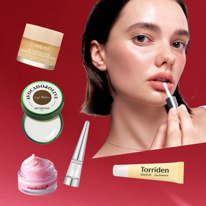 Collage of skincare products including a jar, lip balm, and lip product on a red background with a woman applying lipstick.