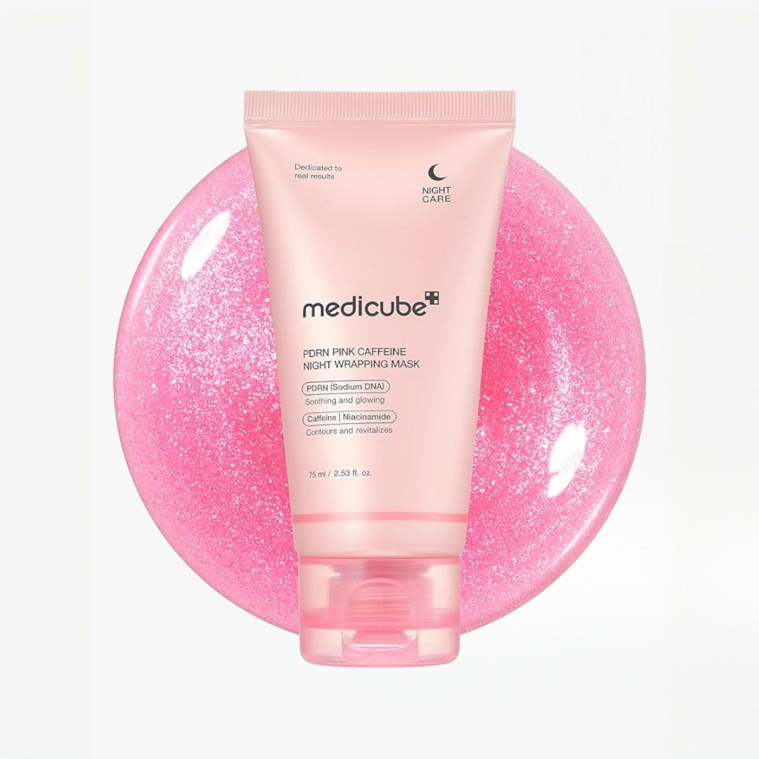 Pink tube of Medicube night care product on a pink bubble background